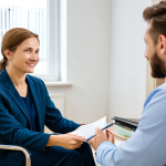 A clinical psychologist in a well-lit office, wearing a professional outfit, sitting across from a client in a comfortable chair. The atmosphere is calm and supportive, with diplomas and certificates displayed subtly in the background. Focus on creating an image that conveys trust and empathy.
A fully clothed clinical psychologist, in a professional office setting, interacting with a client, safe for work, appropriate content, modest, professional, perfect anatomy, natural proportions.